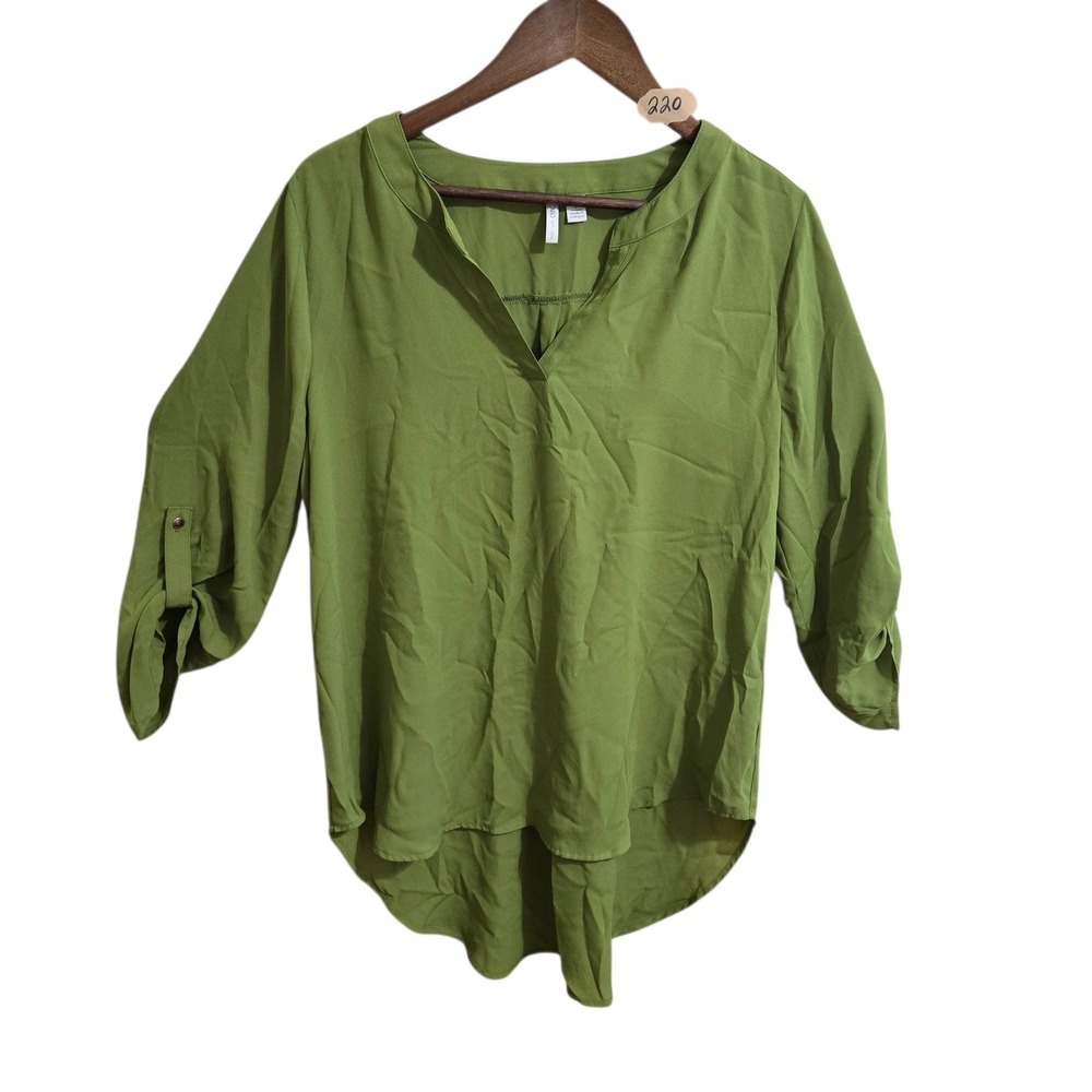 Cato Olive Green Roll Tab Sleeve Split Neck High Low Blouse Womens Large RN37080